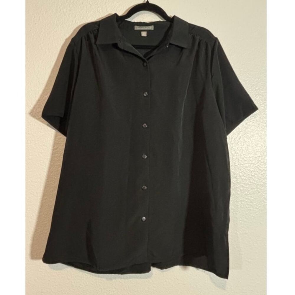 Woman Within Plus Size 18/20 Black Button-Up Short Sleeve Collared Shirt